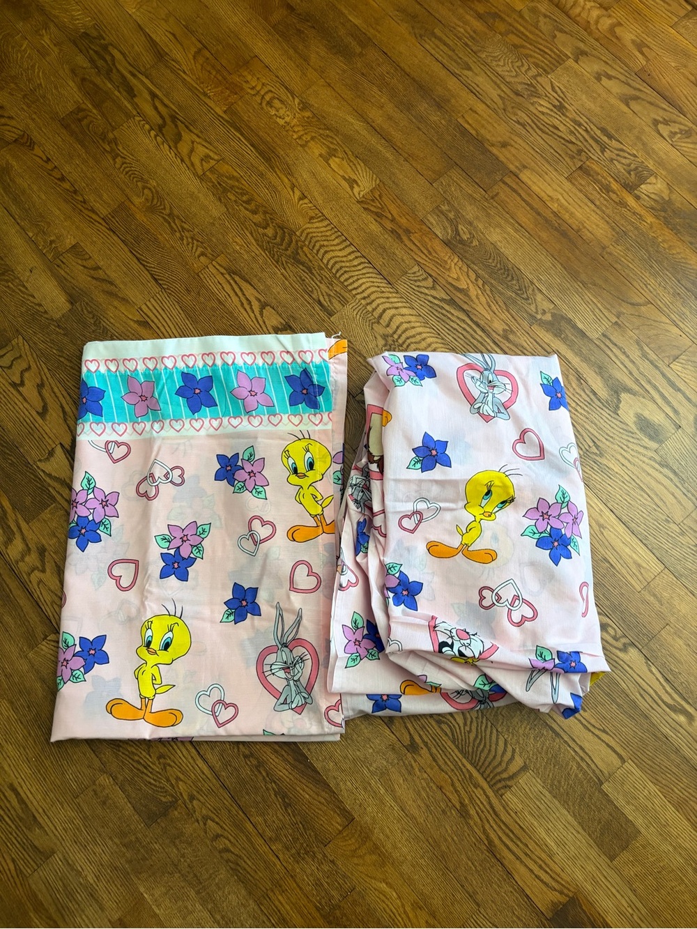 Vintage 1996 Looney Tunes Pink Twin Fitted Flat Sheet Set Tweety Bird Heart
